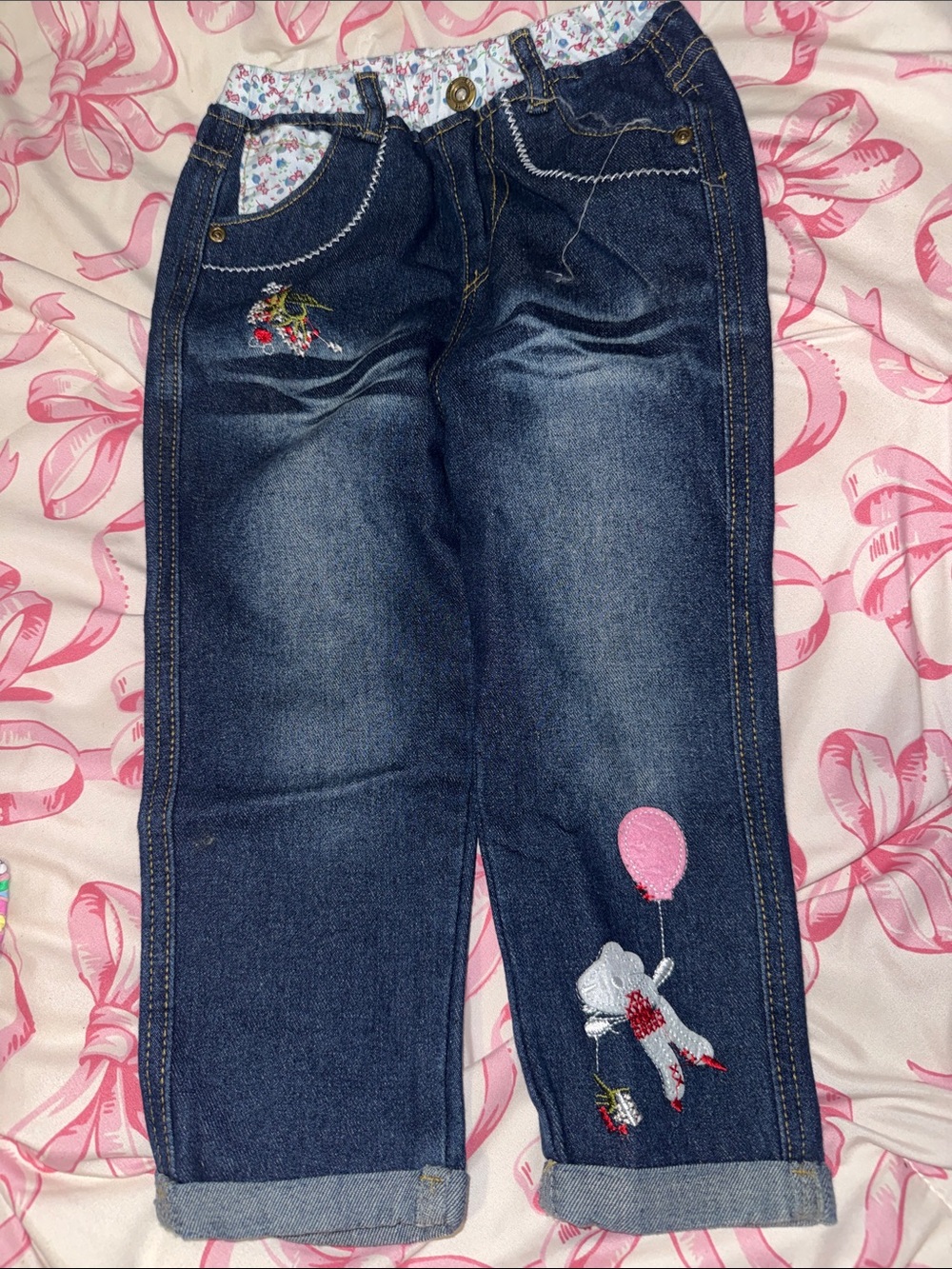 Girls Dark Wash Denim Jeans with Pink Balloon Embroidery